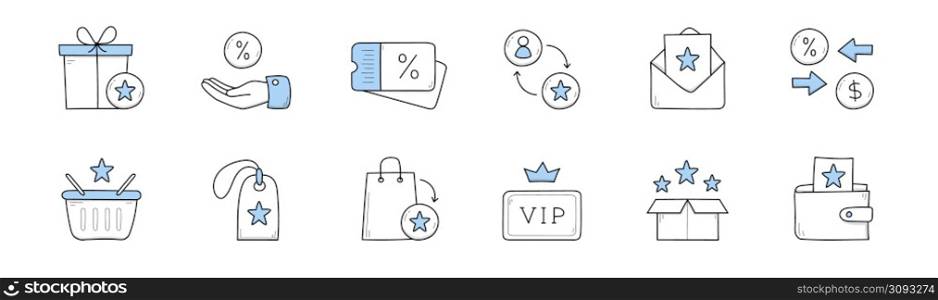 Set of loyalty program doodle icons gift box, hand with percent sign, sale coupon or tag, envelope, shopping basket and bag, vip client card, stars in box and wallet, Line art vector illustration. Set of loyalty program doodle icons, reward, bonus
