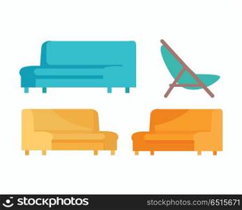 Set of Luxury Sofas and Armchair. For Modern Room. Set of luxury sofas and armchair. For modern room reception or lounge. Sofa in flat design. Living room house furniture. Detailed model illustration. Divan couch settee realistic objects. Vector