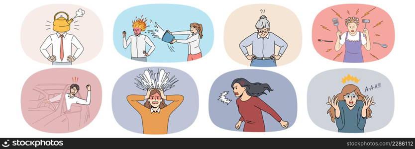 Set of mad diverse people scream and shout feel distressed and angry. Collection of furious humans yell annoyed by life situation unable to control emotions. Vector illustration. . Set of mad people shout and yell feeling enraged