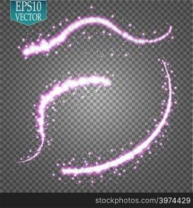 Set of magic glowing spark swirl trail effect isolated on transparent background. Bokeh glitter wave line with flying sparkling flash lights. Vector illustration. Vector. Set of magic glowing spark swirl trail effect isolated on transparent background. Bokeh glitter wave line with flying sparkling flash lights. Vector illustration