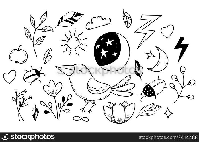 Set of magic signs, beetle and crow, flower and moon with starry sky in handmade linear doodle style. Vector illustration. Isolated elements for design, decor, postcards and print