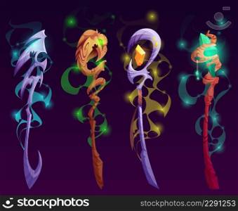Set of magic staff, wands or walk sticks with glow gems, crystals, birds head and mystical haze. Magician weapon rods for sorcerers spell or battle, rpg fantasy game assets Cartoon vector illustration. Set of magic staff, wands or walk sticks with gems