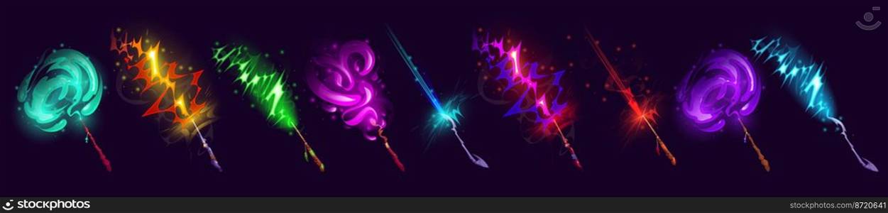 Set of magic wands with vfx light effect, wizard or witch sticks with glowing colorful beams of spell. Wooden and metal bizarre rods with sparkling trails. magician assets, Cartoon vector illustration. Set of magic wands with vfx light effect, vector