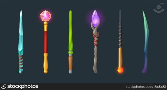Set of magic wands, wizard or witch sticks with glowing gems, frozen ice crystal, pink glass star and green twisted rod. Rpg fantasy game assets, magician fairy tale staff, Cartoon vector illustration. Set of magic wands, wizard or witch sticks set