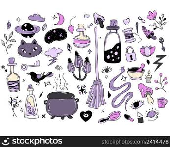 set of magic, witchcraft and occult items for witches. Amulets and ritual objects, cat and snake, love potion and magic mushrooms, witchs cauldron and broom. Vector illustration. Isolated elements