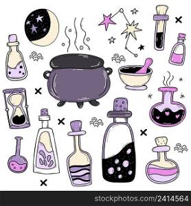 Set of magic, witchcraft and occult items for witches. Amulets ritual objects, love potion and love spell and magic jars, witchs cauldron and moon with stars. Vector illustration. Isolated elements