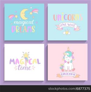 Set of magical unicorns cards.. Set of magical unicorns cards with lettering. Vector illustration for print and greeting cards.