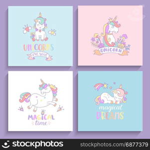 Set of magical unicorns greeting cards.. Set of magical unicorns greeting cards with lettering. Vector illustration for print and greeting cards, print.