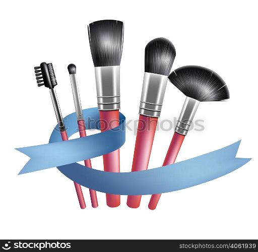 Set of makeup brushes and blue ribbon. Accessory, tool, complexion. Beauty concept. Can be used for topics like visage, cosmetics, fashion