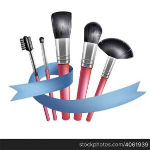 Set of makeup brushes and blue ribbon. Accessory, tool, complexion. Beauty concept. Can be used for topics like visage, cosmetics, fashion