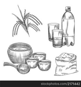 Set of makgeolli. Korean traditional alcohol drink rice wine. Bag of rice, plastic bottle, glass, ceramic ware, branch of rice isolated on white background. Vintage engraved style. Vector illustration. Set of makgeolli. Korean traditional alcohol drink rice wine. Bag of rice, plastic bottle, glass, ceramic ware, branch of rice