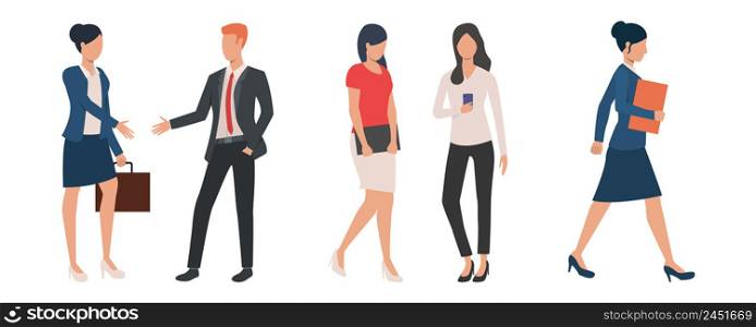 Set of male and female people working on project. Bundle of business managers walking and communicating. Vector illustration can be used for brochure, advertisement, startup. Set of male and female people working on project
