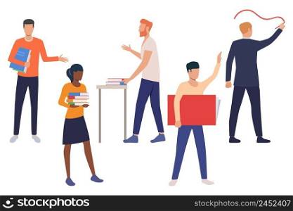 Set of male and female school teachers. Collection of university students in class. Vector is lustration can be used for advertisement, presentation, brochure. Set of male and female school teachers
