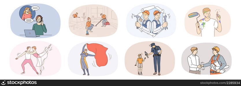 Set of male and female workers with occupations. Collection of diverse people and professions or jobs. Call canter agent, housekeeper and mechanic. Dancer, policeman, engineer. Vector illustration. . Set of diverse people and occupations