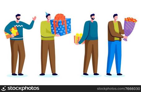 Set of male characters holding gifts in hands. People celebrating holidays, giving presents. Man with bouquet of flowers. Boyfriend making surprise hiding decorative box behind back flat vector. Character Holding Presents and Flowers on Holidays