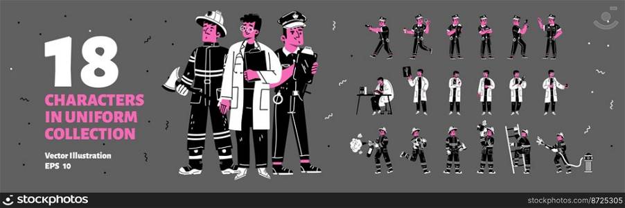 Set of male characters in uniform of fire fighter, police officer and doctor. Men fight with blaze, work in medical laboratory and serve in cop department. Profession Linear flat vector illustration. Set of characters fire fighter, police and doctor