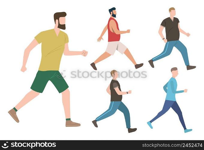 Set of male keeping active lifestyle. Well built and fat men walking and running. Fitness concept. Vector illustration can be used for topics like cardio training or jogging. Set of male keeping active lifestyle