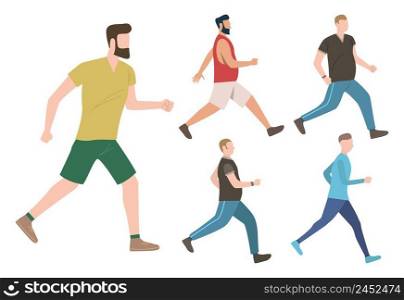 Set of male keeping active lifestyle. Well built and fat men walking and running. Fitness concept. Vector illustration can be used for topics like cardio training or jogging. Set of male keeping active lifestyle