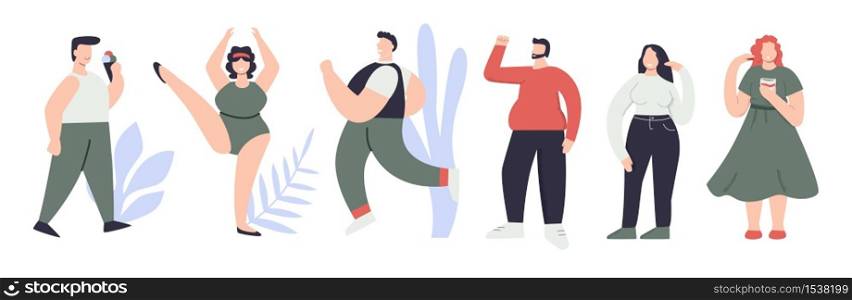 Set of man and woman different height, figure type and size clothing vector flat illustration. Cartoon people character enjoying various activity isolated on white background. Body positive concept. Set of man and woman different height, figure type and size clothing vector flat illustration