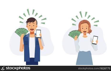 Set of man and woman holding smartphone and money in hand to showing how to make money online.Flat vector 2D cartoon character illustration.