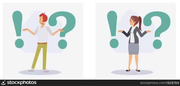 Set of man and woman is confusing, standing between exclamation marks and question marks. Question concept. Flat vector 2D cartoon character illustration.