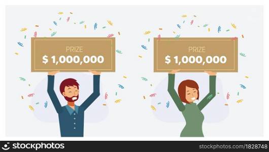 Set of man and woman win lottery,win the prize,Holding bank check,prize sign banner.Flat vector 2D cartoon character illustration.