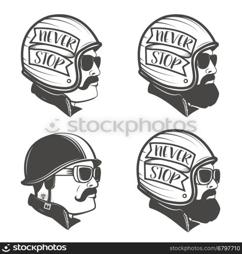 set of man heads in motorcycle helmets. Design element for logo, label, emblem, sign, brand mark. Vector illustration.