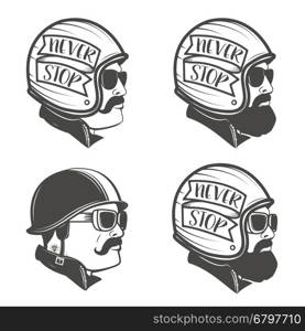 set of man heads in motorcycle helmets. Design element for logo, label, emblem, sign, brand mark. Vector illustration.