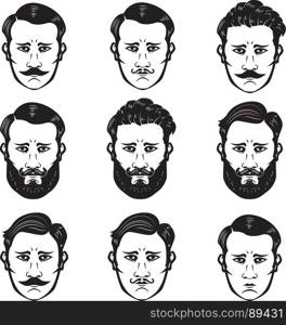 Set of man heads with different hairstyle. Barber shop. Design elements for emblem, sign, badge. Vector illustration