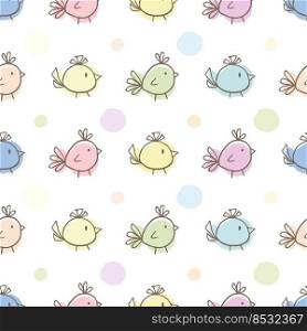 Set of Many little birds with dots on white background. Baby seamless vector pattern. Cute pastel colors. For textile, fabric print, design, wrapping paper, print