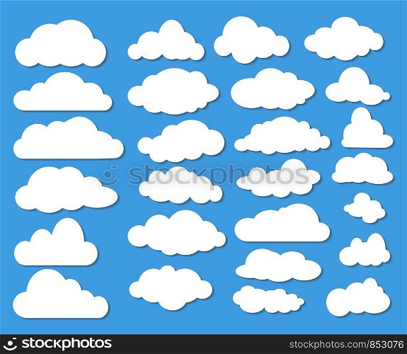 Set of Many White Clouds with Shadow on Blue Sky. Stock Vector Illustration