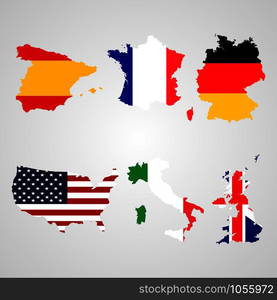 set of map flags Usa, Italy, United Kingdom, Spain, France, Germany