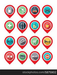 Set of map pointers. Map icon - car service, hotel, hospital, restaurant, wi-fi. Vector illustration