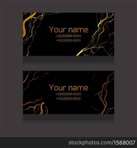 Set of marble business cards with golden cracks on a black background. Stylish templates for invitations, cards and your design. Luxury flyers with space for text.. Set of marble business cards with golden cracks on a black background. Stylish templates