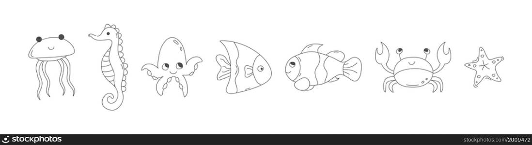 set of marine animals for coloring books, scrapbooking and child development. Linear style.