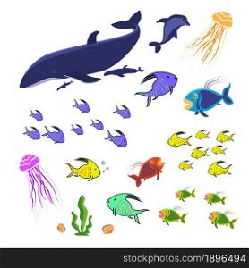 Set of marine animals isolated on white. Colorful fish, jellyfish and whale. A collection of sea creatures for the ocean aquarium. Vector EPS10.