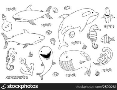 Set of marine life. Cute big whale and shark, killer whale and dolphin, seahorse and fish, squid and shells. Vector outline illustration, style of hand-drawing linear. Can be used as coloring book