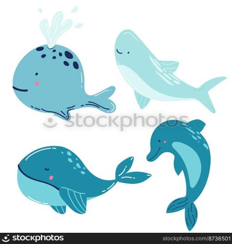 Set of marine mammals blue whales, sharks, sperm whales, dolphins, beluga whales, narwhal killer whales. Cartoon vector graphics.