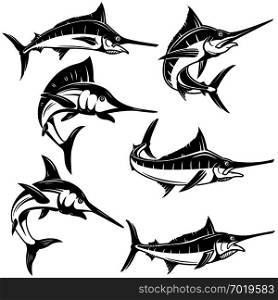 Set of marlin, swordfish illustrations. Design element for logo, label, emblem, sign, badge. Vector illustration