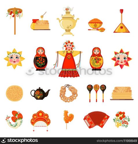 Set of Maslenitsa icons in flat style isolated on white background. Collection of traditional Shrovetide Russian symbols. Vector illustration.. Vector Set of Maslenitsa icons in flat style isolated on white background.