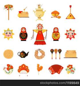 Set of Maslenitsa icons in flat style isolated on white background. Collection of traditional Shrovetide Russian symbols. Vector illustration.. Vector Set of Maslenitsa icons in flat style isolated on white background.