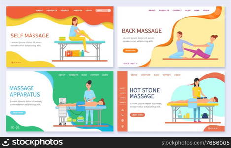 Set of massage techniques and types. Self and back massage, relaxation for clients with help of hot stones. Apparatus for therapy. Website or webpage template, landing page, vector in flat style. Self Massage and Therapy, Hot Stone Technique