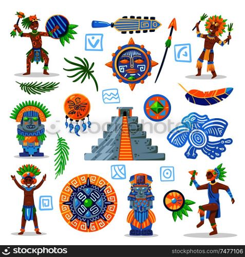 Set of maya civilization color images of tribal jewelry with characters of natives on blank background vector illustration