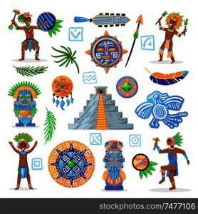 Set of maya civilization color images of tribal jewelry with characters of natives on blank background vector illustration