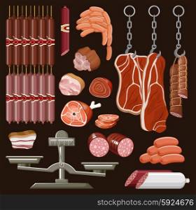 Set of meat products. Sausage, ham, pork. Vector illustration
