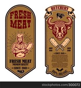 Set of meat store, butcher shop flyers. Design element for logo, label, sign, banner, poster. Vector illustration