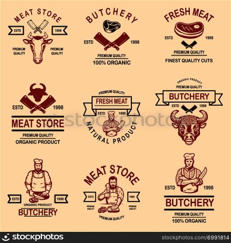 Set of meat store, butchery emblems. Design element for logo, label, sign, poster, banner. Vector illustration
