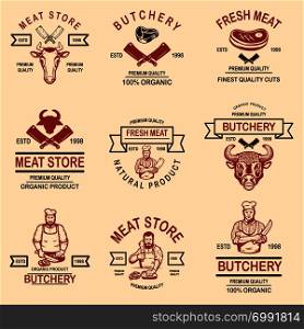 Set of meat store, butchery emblems. Design element for logo, label, sign, poster, banner. Vector illustration