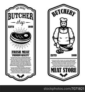 Set of meat store flyers. Design element for banner, logo, sign, poster, flyer. Vector illustration
