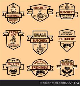 Set of meat store labels. Design element for logo, label, emblem, sign, badge. Vector illustration